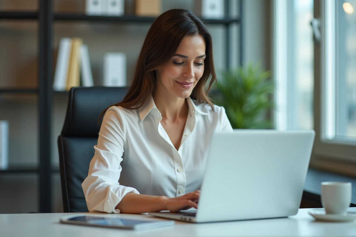 Femme d'âge moyen travaillant sur un ordinateur dans un bureau lumineux