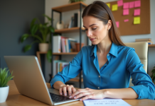 Femme concentrée travaillant sur son ordinateur dans un bureau moderne