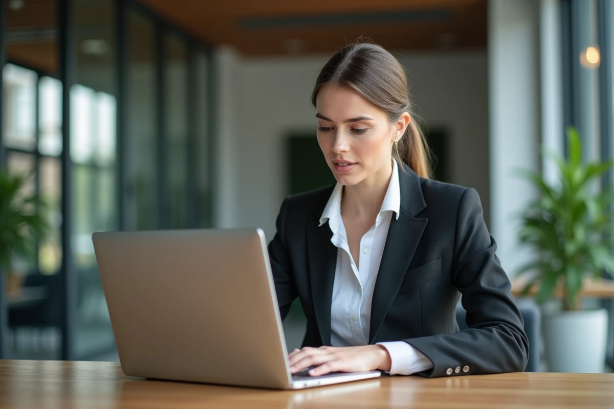 Femme d affaires concentrée sur son ordinateur au bureau