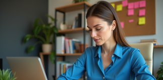 Mots-clés longue traîne : Comment les cibler efficacement ? Femme concentrée travaillant sur son ordinateur dans un bureau moderne