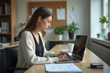 Femme en tenue professionnelle travaillant sur son ordinateur dans un bureau organis&eacute;