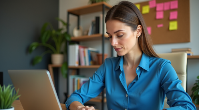 Mots-clés longue traîne : Comment les cibler efficacement ? Femme concentrée travaillant sur son ordinateur dans un bureau moderne