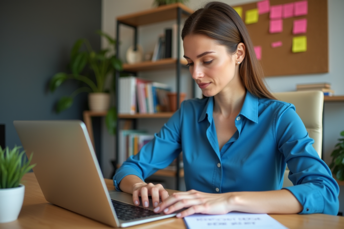 Femme concentrée travaillant sur son ordinateur dans un bureau moderne