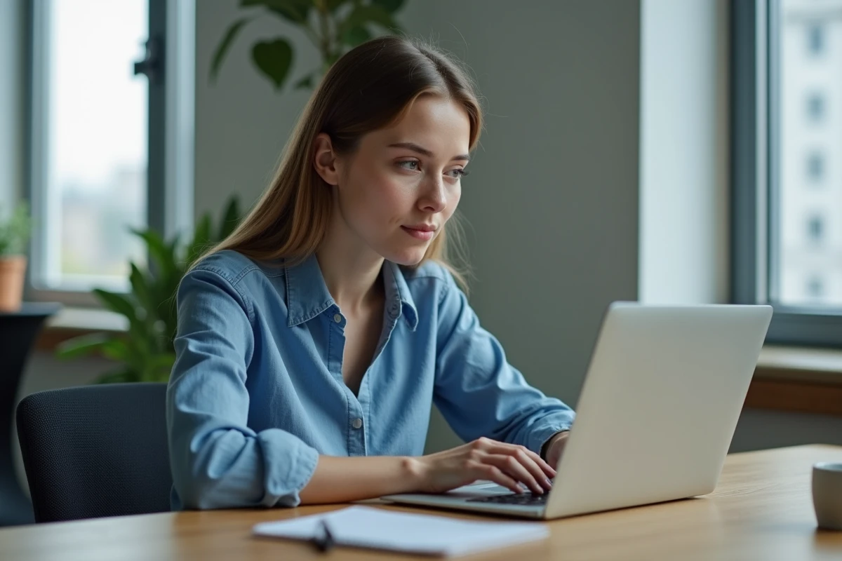 Jeune femme au bureau tapant sur un ordinateur portable