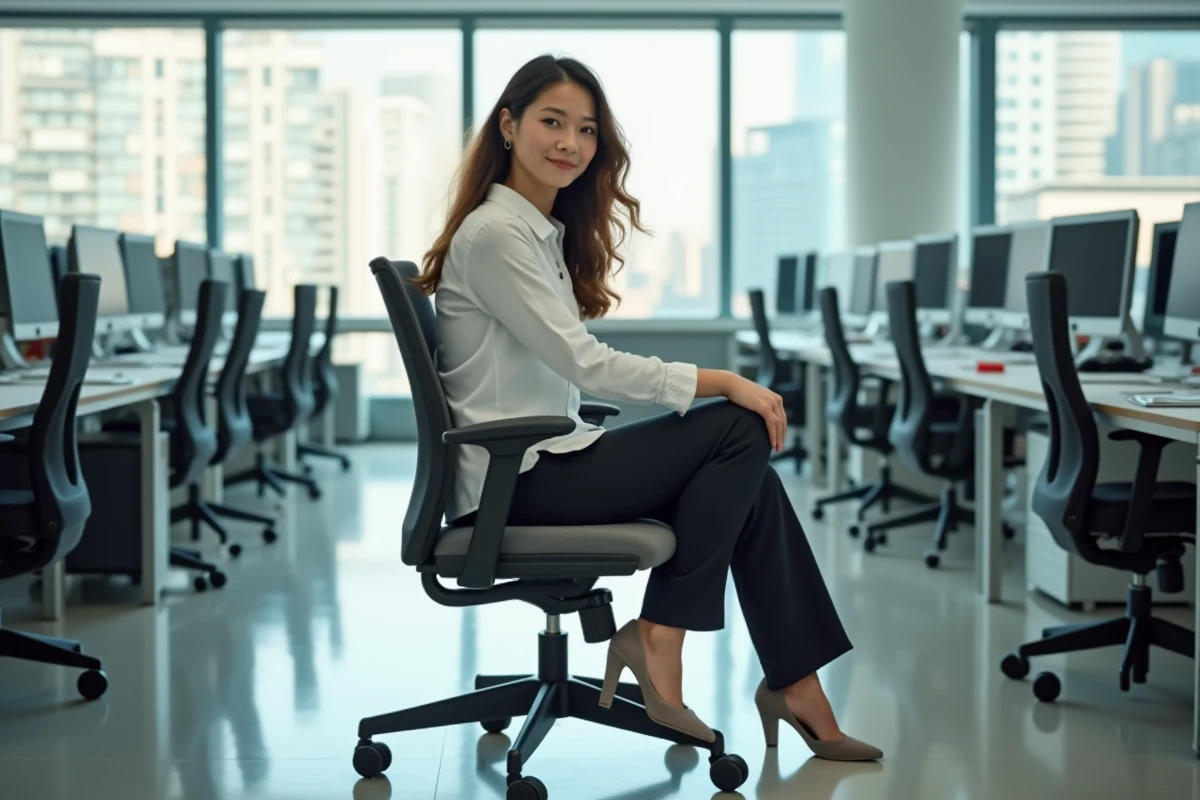 Jeune femme en bureau en rotation dans une chaise