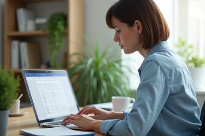 Femme cr&eacute;ant un tableau dans Word sur un ordinateur portable
