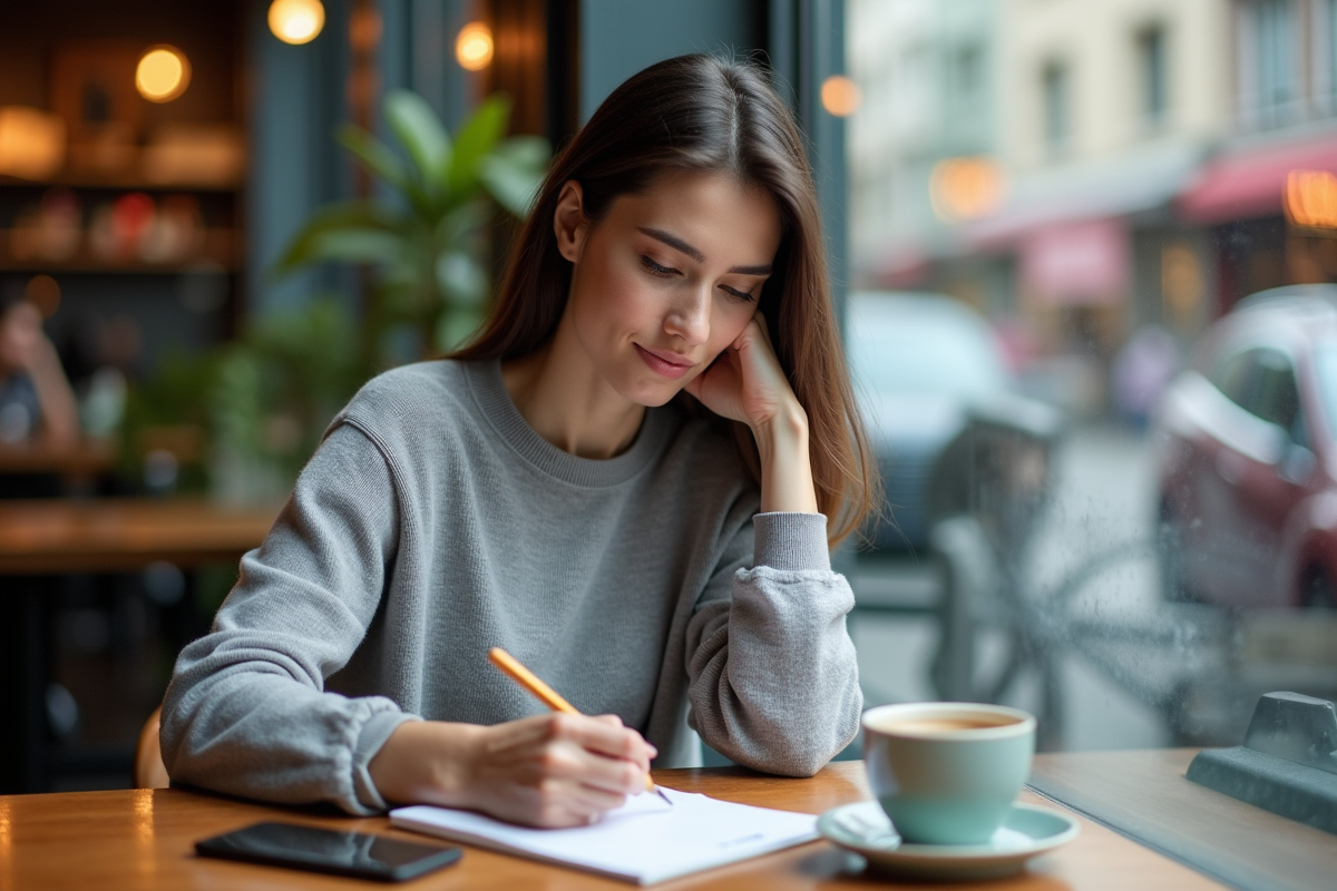 Femme assise au café rédigeant des idées sur un carnet
