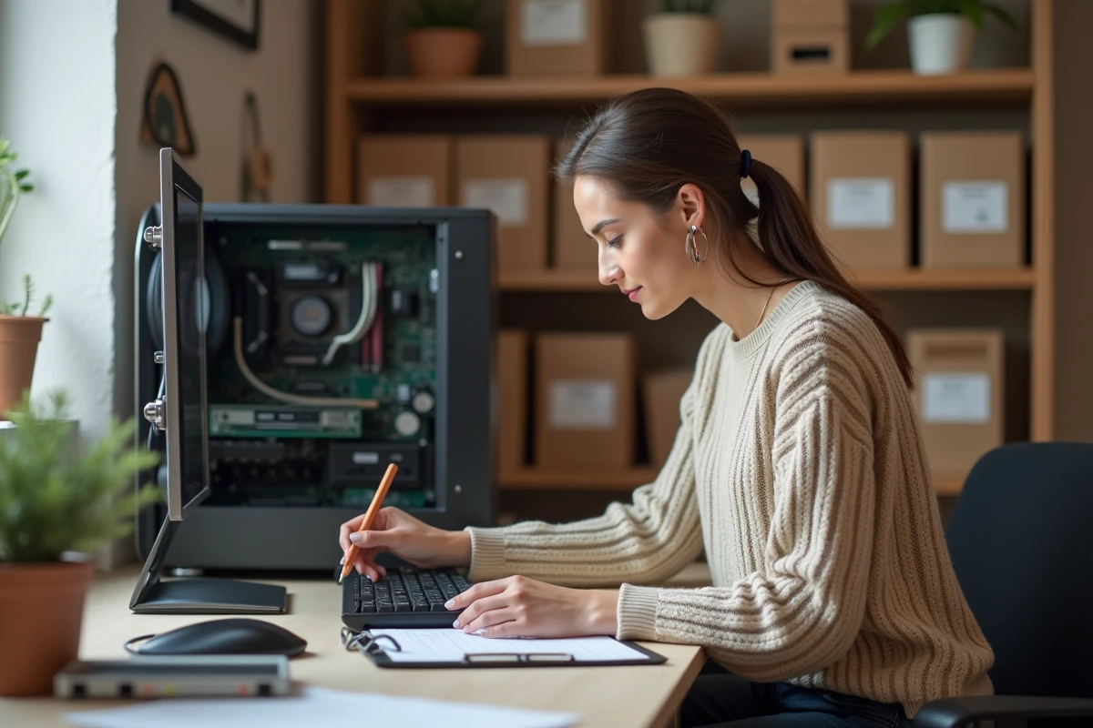 Femme vérifiant une liste de contrôle avant la réinstallation d'un système d'exploitation sur un ordinateur de bureau