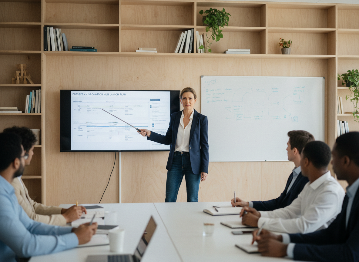 Femme leader montrant un plan digital à son équipe créative