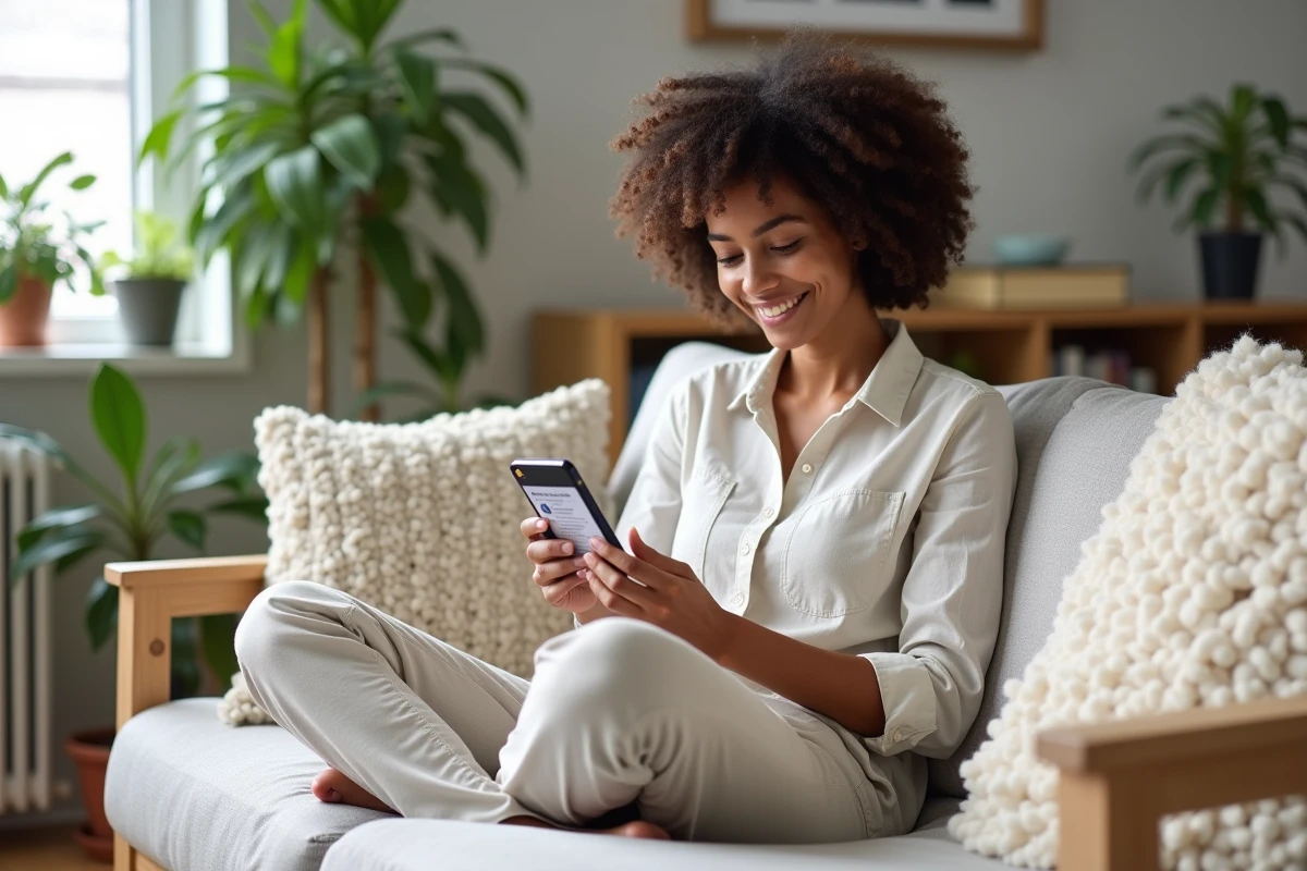 Femme souriante consultant son classement de ping sur smartphone dans un salon scandinave moderne