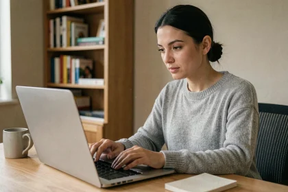 Femme utilisant un clavier d'ordinateur pour taper le c cédille majuscule dans un bureau à domicile