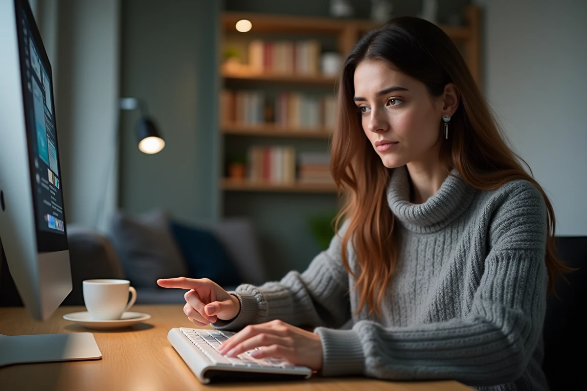 Femme utilisant le clavier pour taper un hashtag dans un bureau moderne