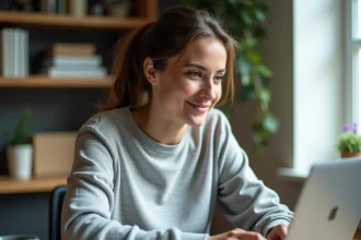 Femme consultant un guide numérique sur son ordinateur portable dans un bureau à domicile moderne