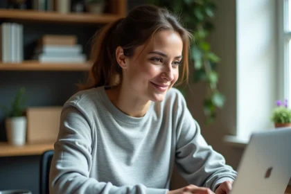Femme consultant un guide numérique sur son ordinateur portable dans un bureau à domicile moderne