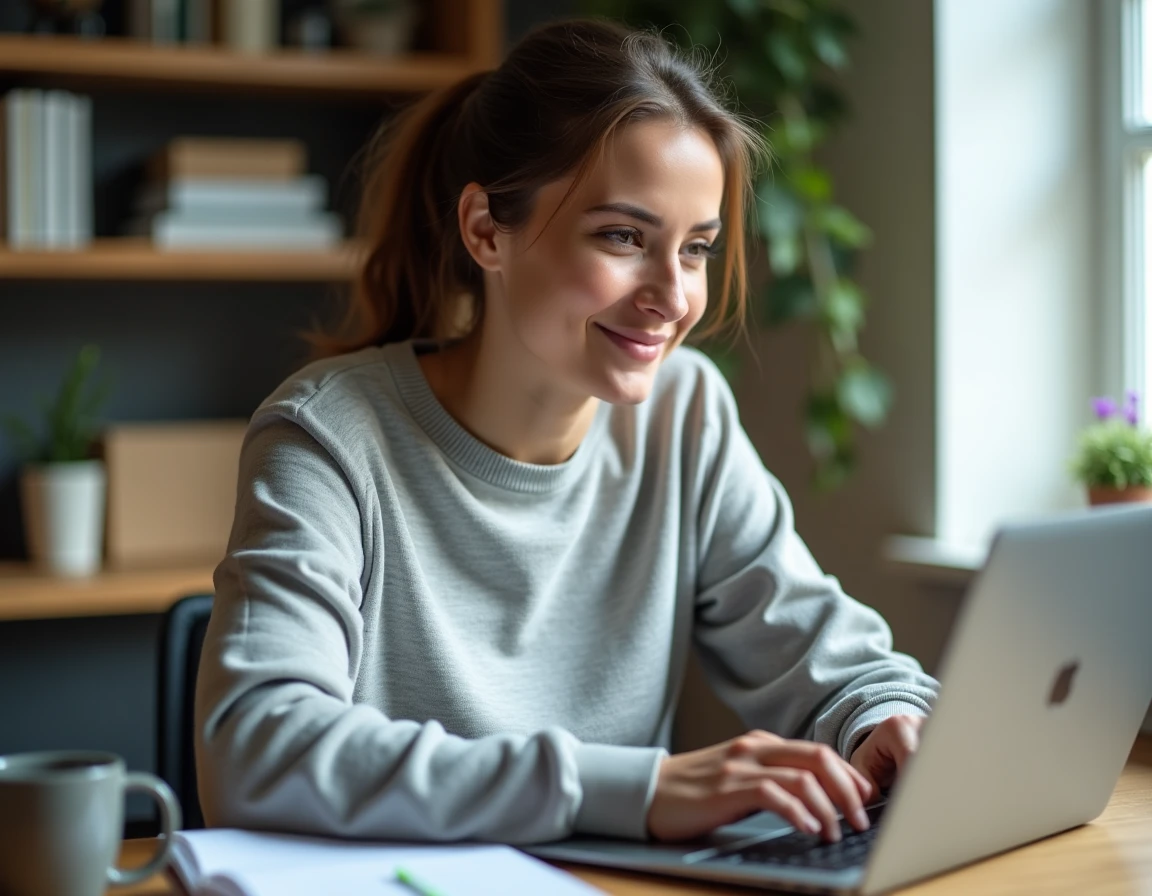 Femme consultant un guide numérique sur son ordinateur portable dans un bureau à domicile moderne