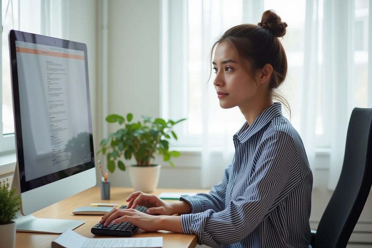 Jeune femme configurant la disposition du clavier sur un PC de bureau partagé à domicile via les paramètres système