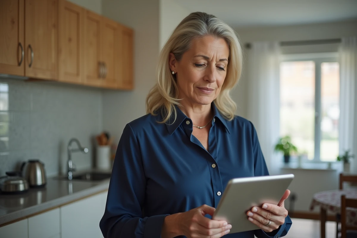 Femme consultant les paramètres réseau de sa box sur une tablette, comparant les adresses IP 168.0.22 et 192.168.0.1
