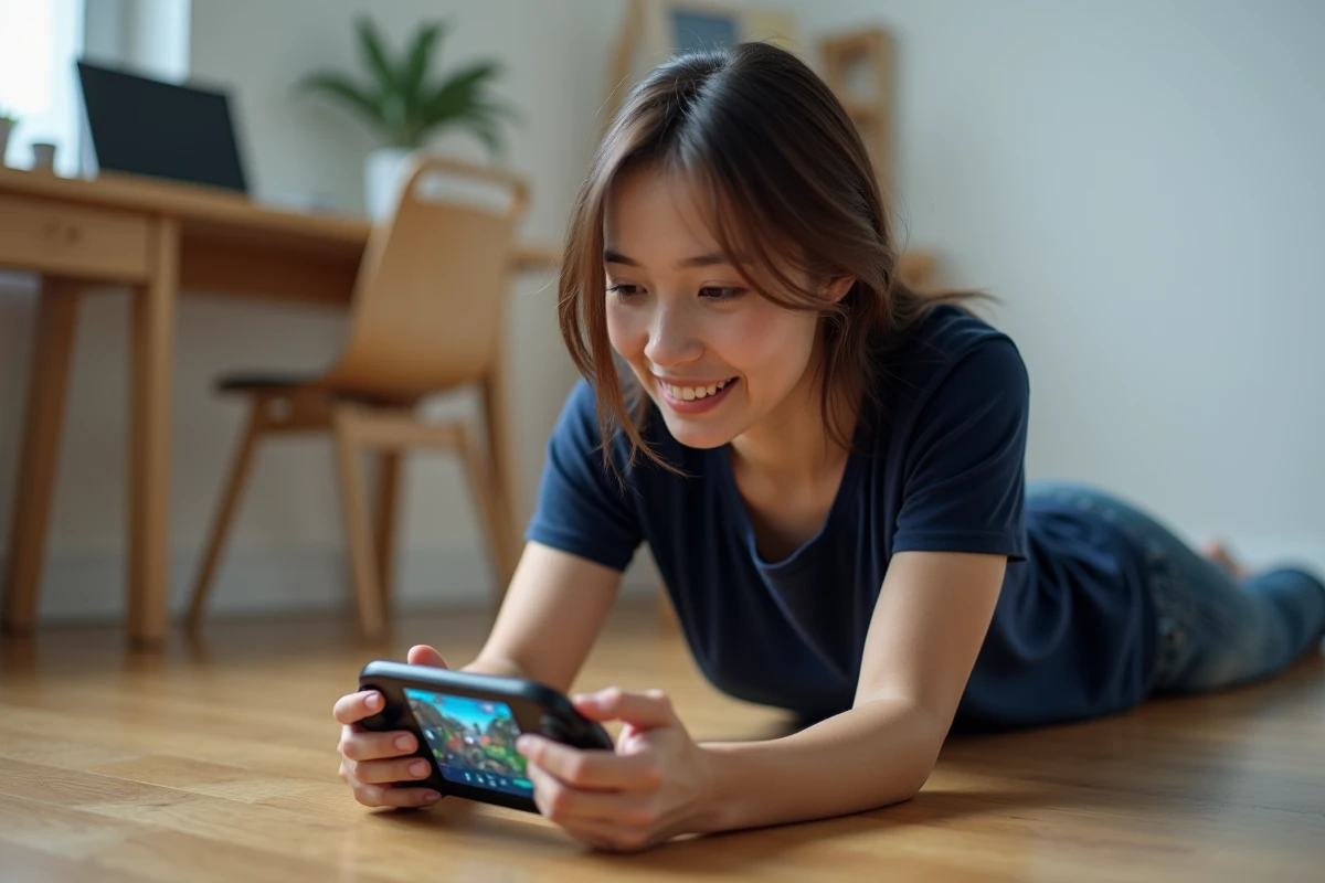 Femme allongée sur le sol jouant sur une console portable Sony avec un jeu coloré à l'écran