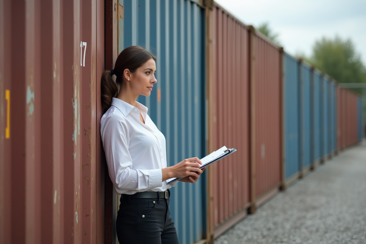 Femme d affaires examine un conteneur dans la cour industrielle