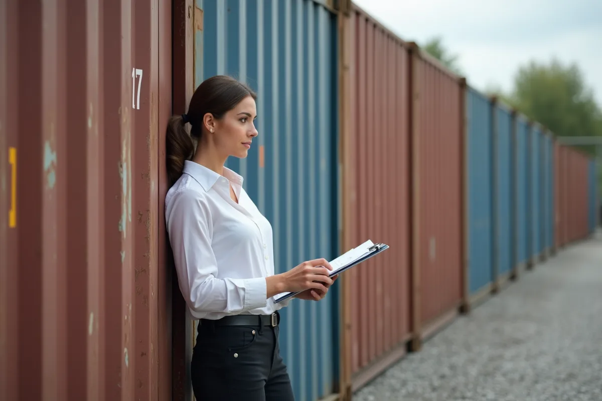 Femme d affaires examine un conteneur dans la cour industrielle