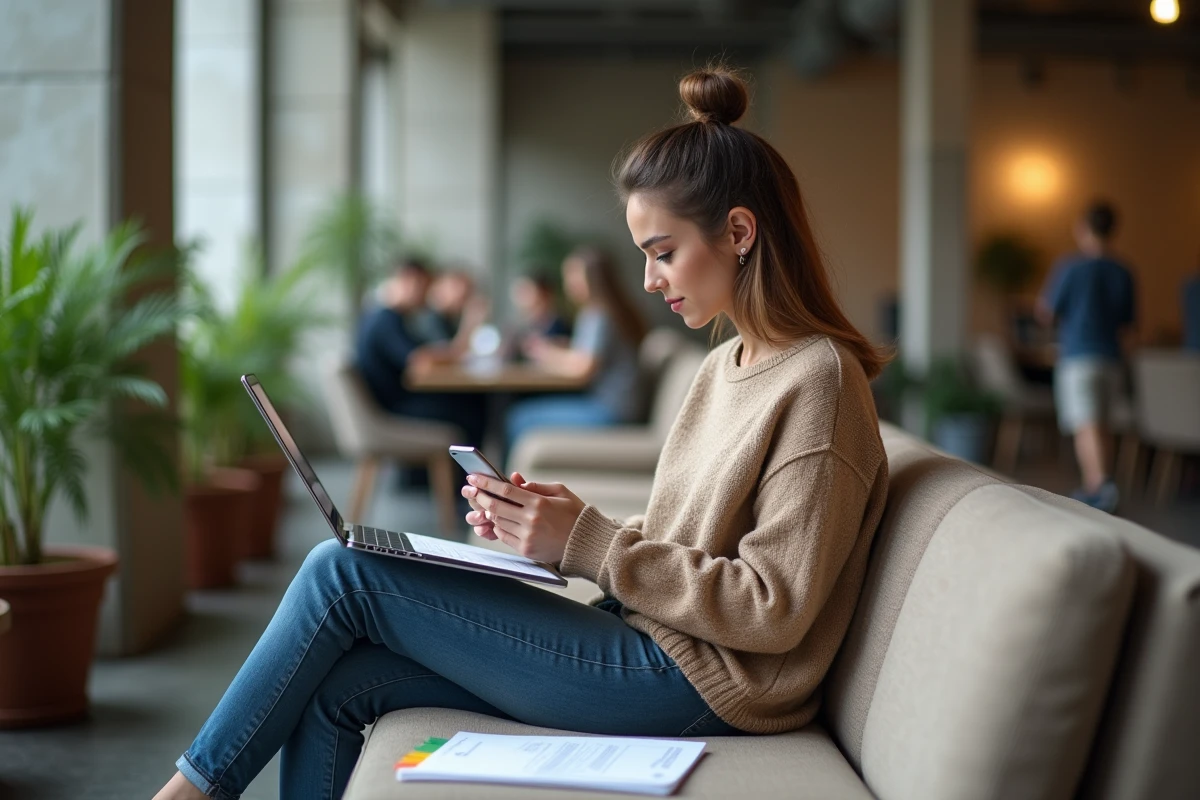 Femme prenant des notes sur son smartphone dans un espace coworking