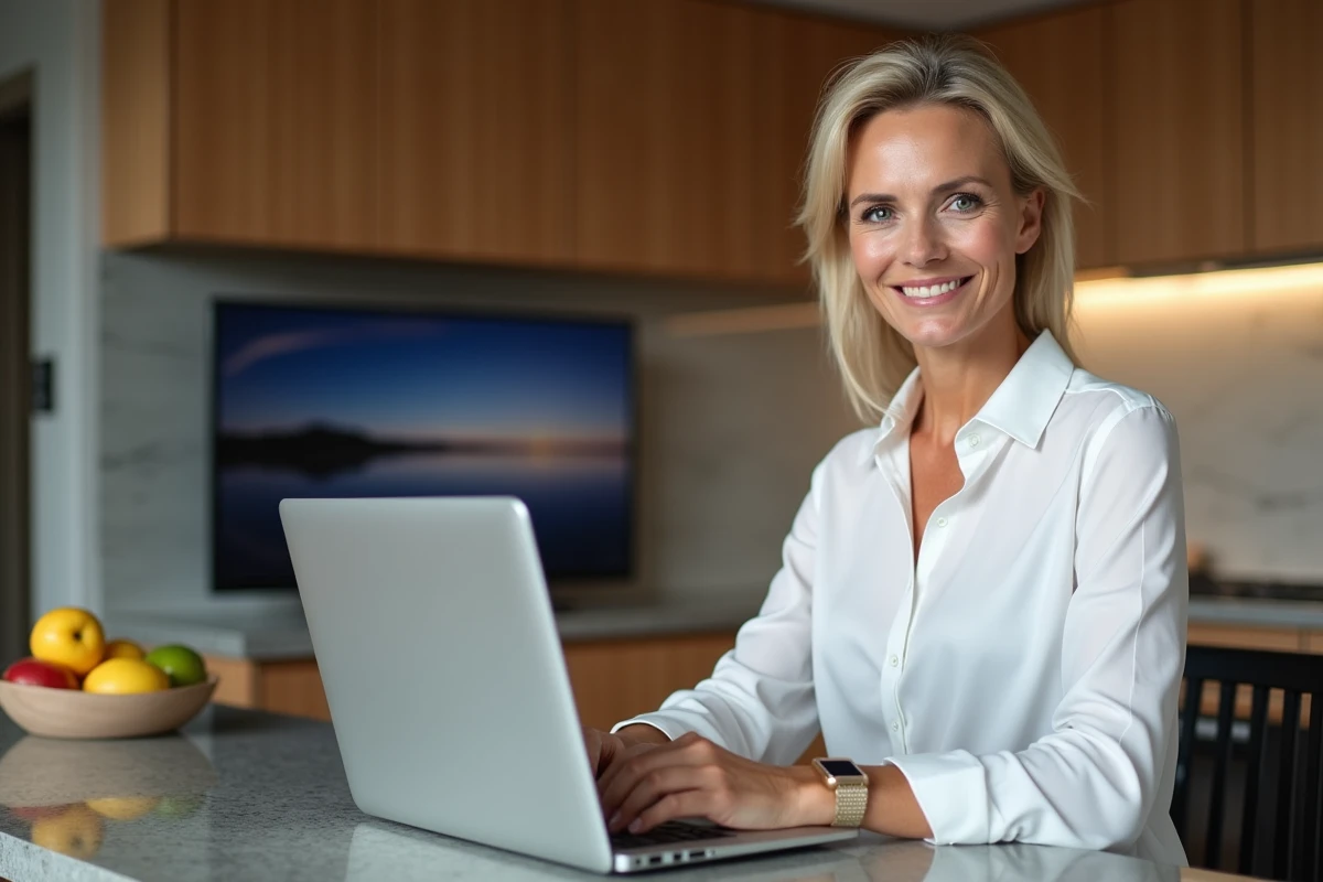 Femme assise à la cuisine avec ordinateur et télévision en arrière-plan