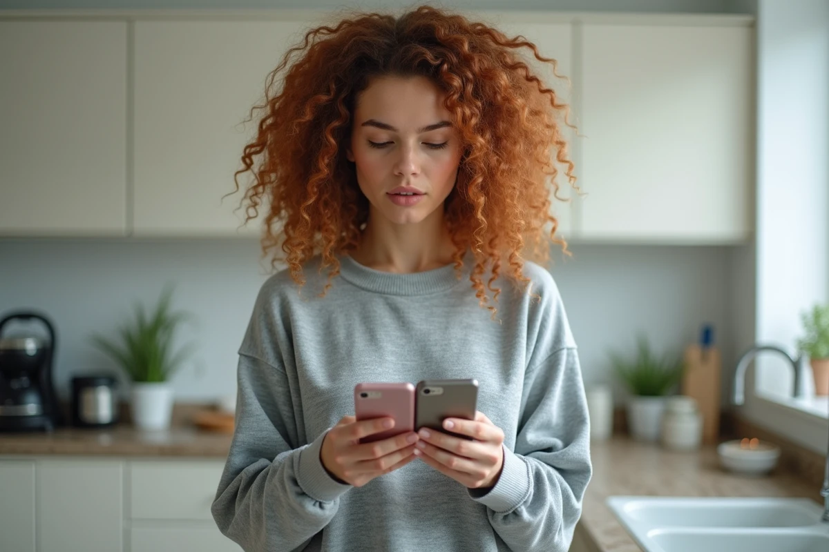 Femme tenant deux smartphones avec des comptes Instagram différents, illustrant le dilemme entre créer un nouveau compte ou transformer l'existant