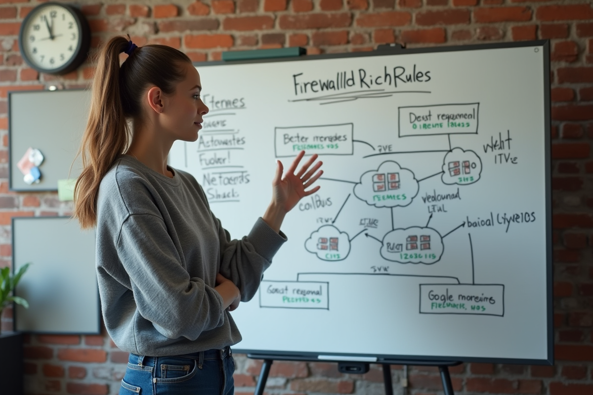 Jeune femme expliquant diagrammes de firewalld dans coworking