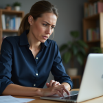 Femme frustrée au bureau face à une erreur de synchronisation
