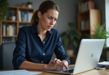 Femme frustrée au bureau face à une erreur de synchronisation