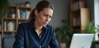 Femme frustrée au bureau face à une erreur de synchronisation