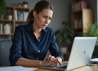 Femme frustrée au bureau face à une erreur de synchronisation