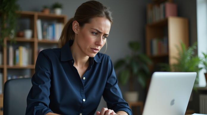 Femme frustrée au bureau face à une erreur de synchronisation