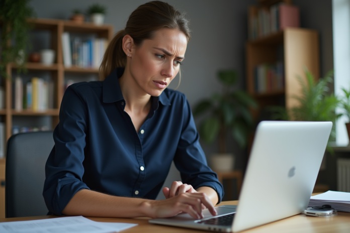 Femme frustrée au bureau face à une erreur de synchronisation