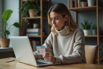 Femme en bureau moderne tenant une carte d'identite