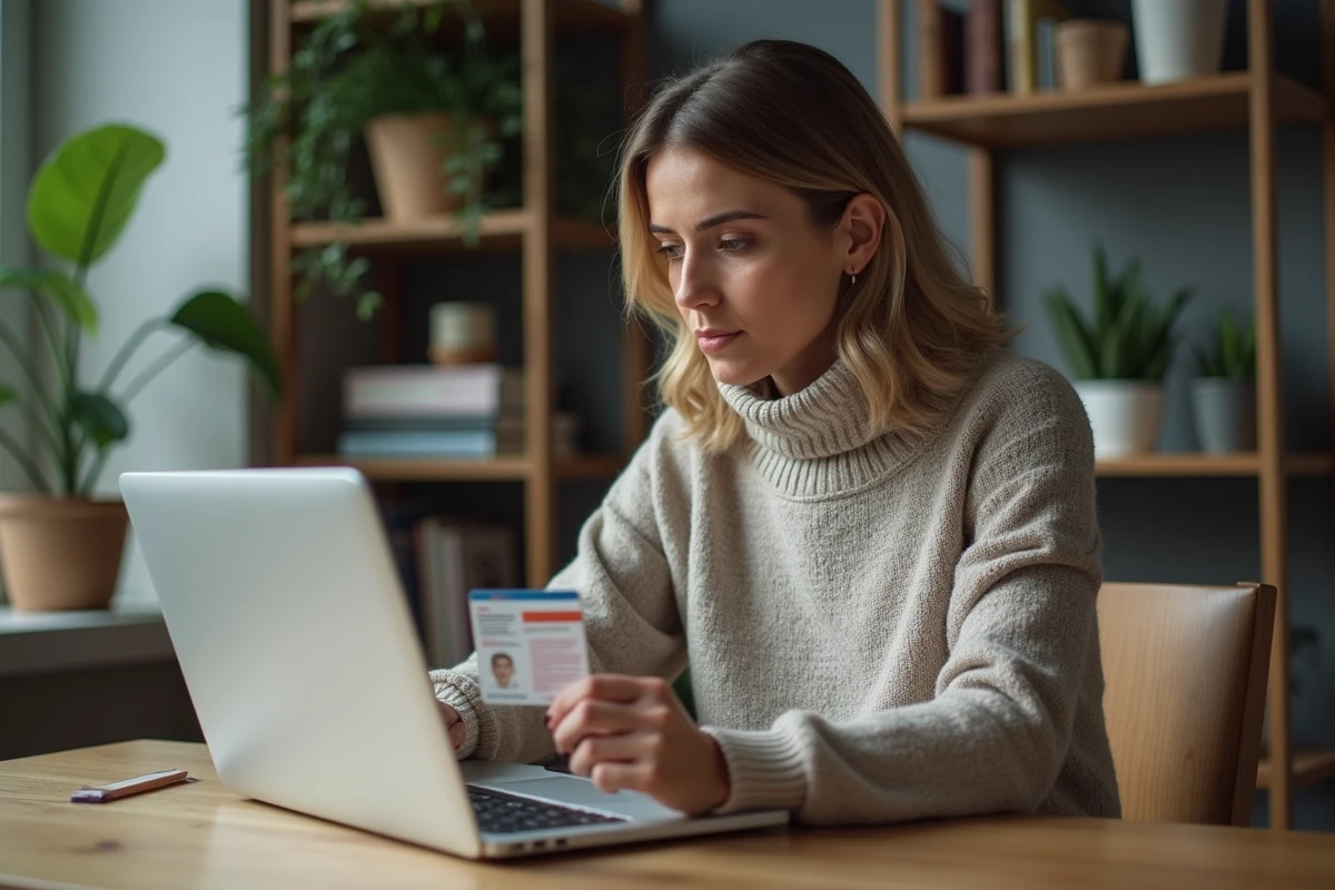 Femme en bureau moderne tenant une carte d'identite