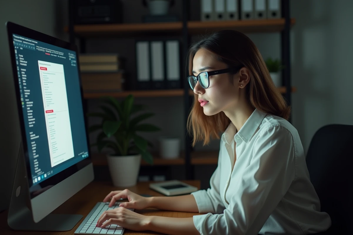 Jeune femme face &agrave; un ordinateur avec erreur en ligne