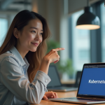 Prononciation de Kubernetes : comment bien prononcer le nom ? Jeune femme au bureau pointant le mot Kubernetes sur son ordinateur
