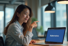 Jeune femme au bureau pointant le mot Kubernetes sur son ordinateur