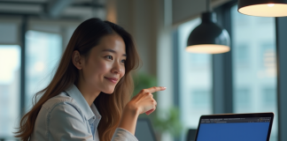 Prononciation de Kubernetes : comment bien prononcer le nom ? Jeune femme au bureau pointant le mot Kubernetes sur son ordinateur