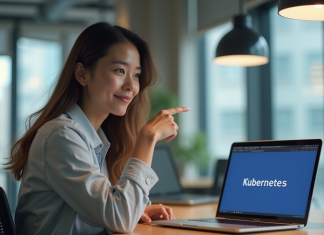 Prononciation de Kubernetes : comment bien prononcer le nom ? Jeune femme au bureau pointant le mot Kubernetes sur son ordinateur