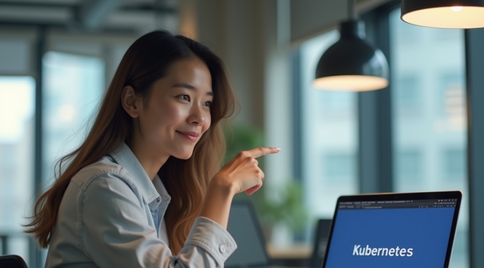 Prononciation de Kubernetes : comment bien prononcer le nom ? Jeune femme au bureau pointant le mot Kubernetes sur son ordinateur