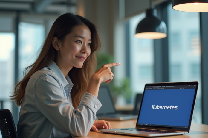 Jeune femme au bureau pointant le mot Kubernetes sur son ordinateur