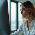 Jeune femme regardant son écran d'ordinateur dans un bureau lumineux