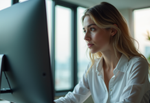 Jeune femme regardant son écran d'ordinateur dans un bureau lumineux