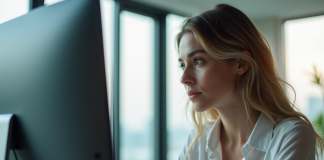 Jeune femme regardant son écran d'ordinateur dans un bureau lumineux