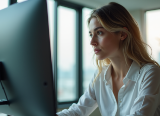 Jeune femme regardant son écran d'ordinateur dans un bureau lumineux