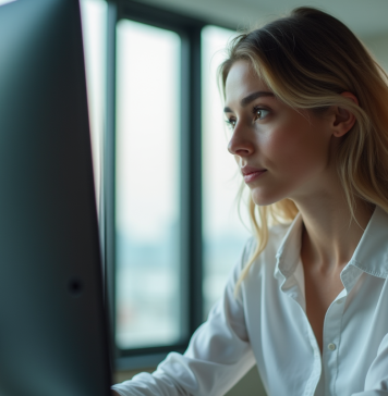 Jeune femme regardant son écran d'ordinateur dans un bureau lumineux