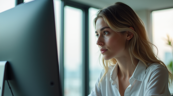Jeune femme regardant son écran d'ordinateur dans un bureau lumineux