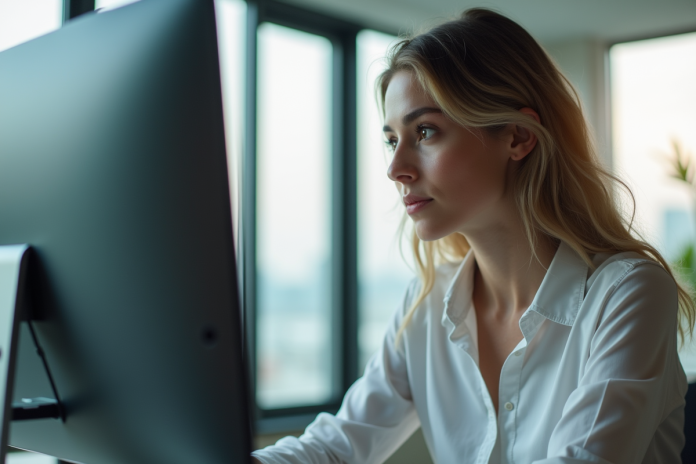 Jeune femme regardant son écran d'ordinateur dans un bureau lumineux